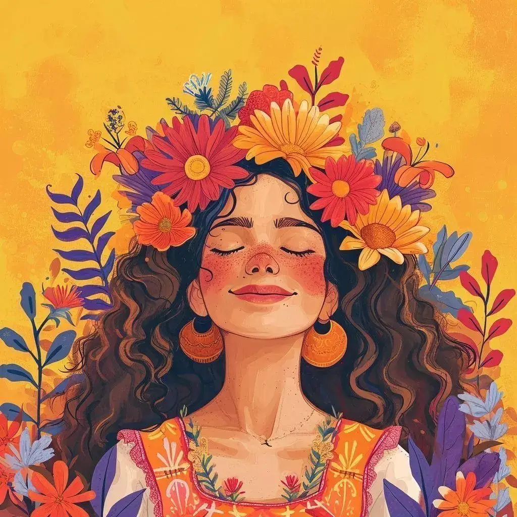 Ilustração de uma mulher entre flores, representando autoconhecimento